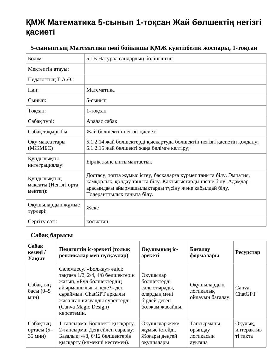 ҚМЖ Математика 5-сынып 1-тоқсан Жай бөлшектің негізгі қасиеті