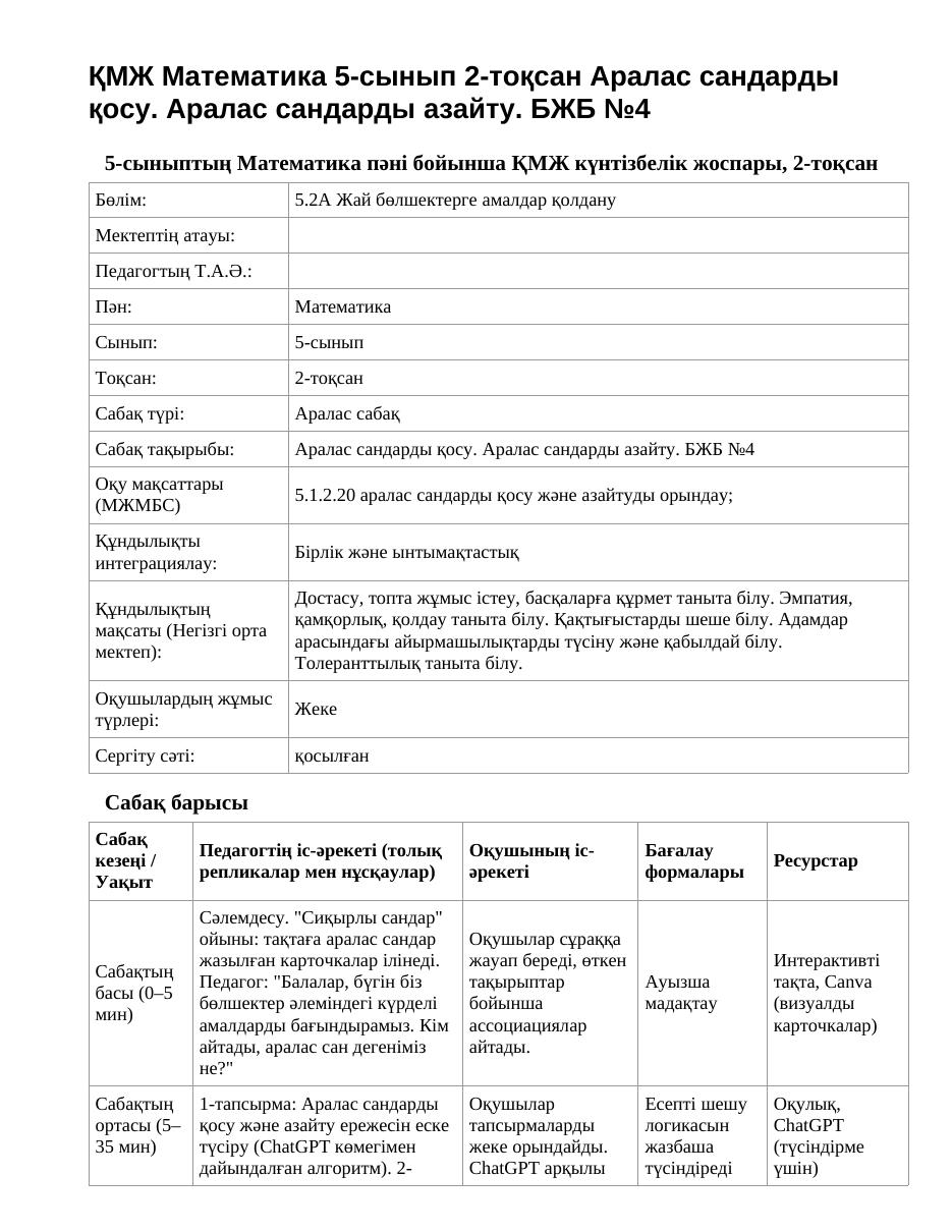ҚМЖ Математика 5-сынып 2-тоқсан Аралас сандарды қосу. Аралас сандарды азайту. БЖБ №4