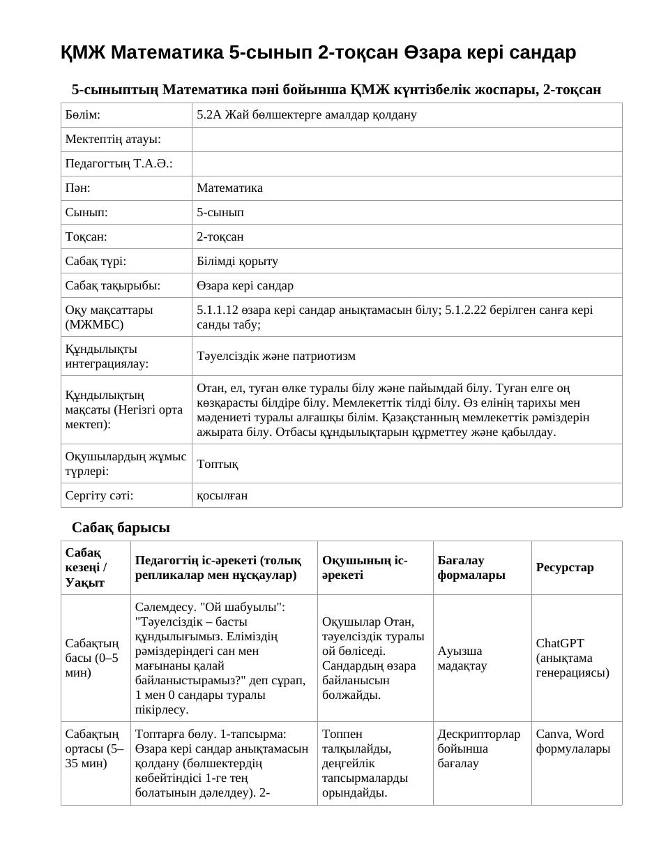 ҚМЖ Математика 5-сынып 2-тоқсан Өзара кері сандар