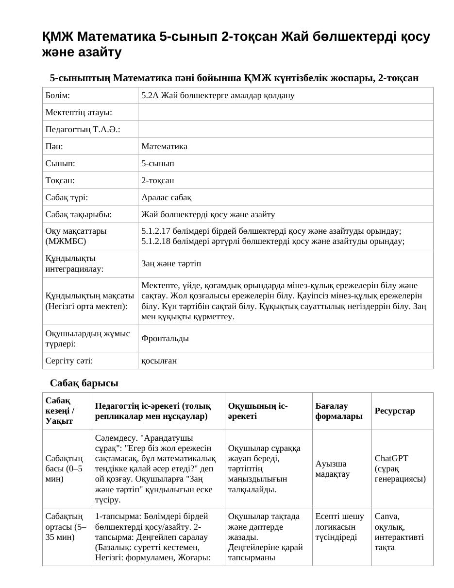 ҚМЖ Математика 5-сынып 2-тоқсан Жай бөлшектерді қосу және азайту