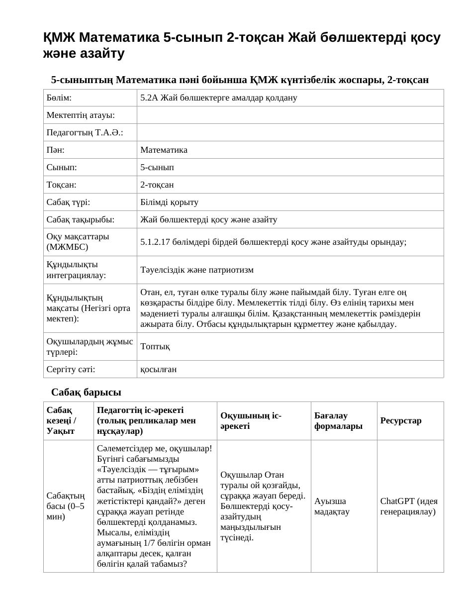 ҚМЖ Математика 5-сынып 2-тоқсан Жай бөлшектерді қосу және азайту