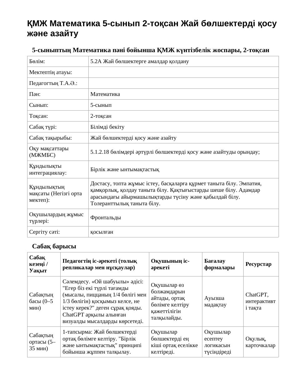 ҚМЖ Математика 5-сынып 2-тоқсан Жай бөлшектерді қосу және азайту