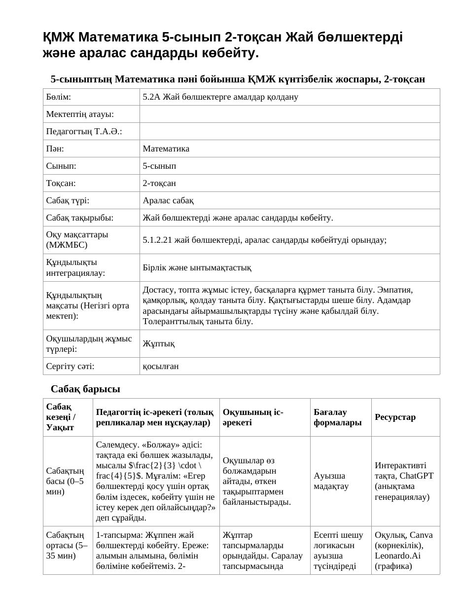 ҚМЖ Математика 5-сынып 2-тоқсан Жай бөлшектерді және аралас сандарды көбейту.