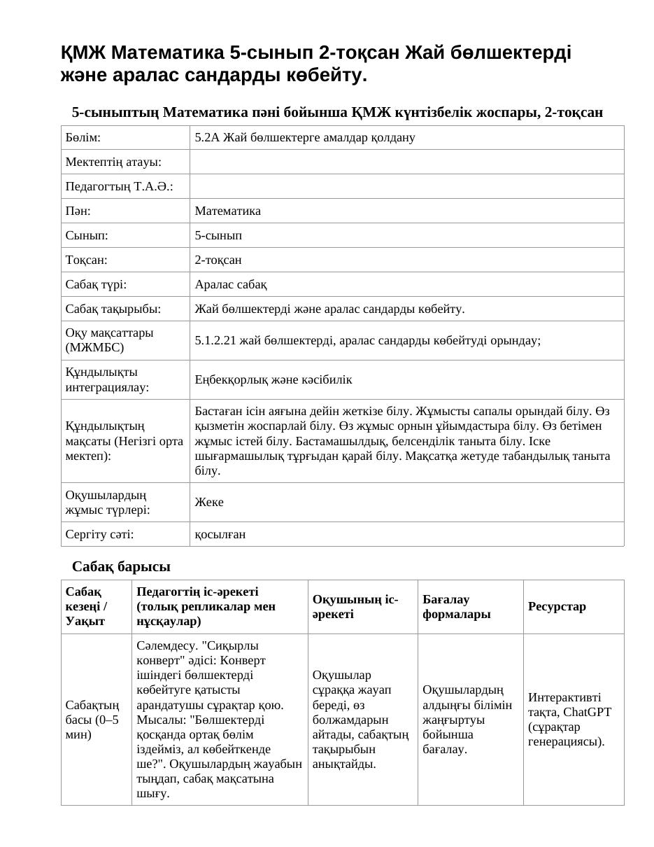 ҚМЖ Математика 5-сынып 2-тоқсан Жай бөлшектерді және аралас сандарды көбейту.