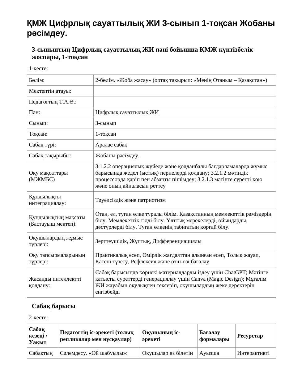 ҚМЖ Цифрлық сауаттылық ЖИ 3-сынып 1-тоқсан Жобаны рәсімдеу.