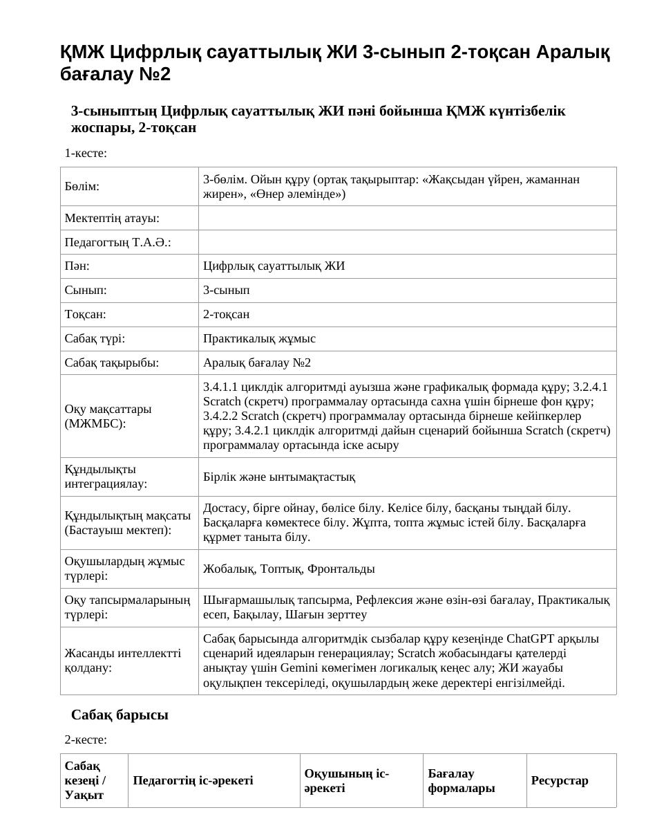 ҚМЖ Цифрлық сауаттылық ЖИ 3-сынып 2-тоқсан Аралық бағалау №2
