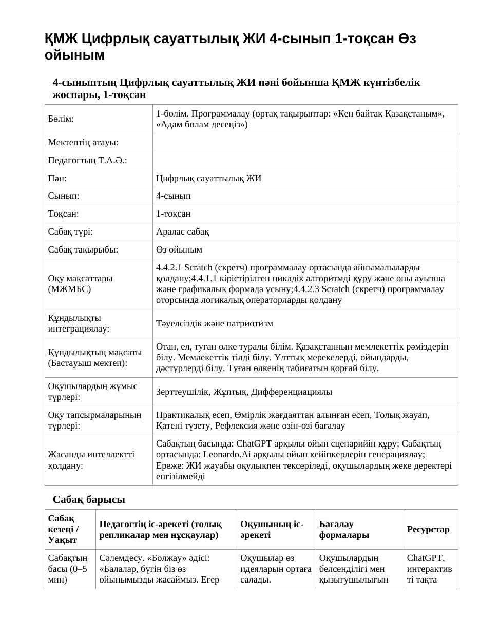 ҚМЖ Цифрлық сауаттылық ЖИ 4-сынып 1-тоқсан Өз ойыным