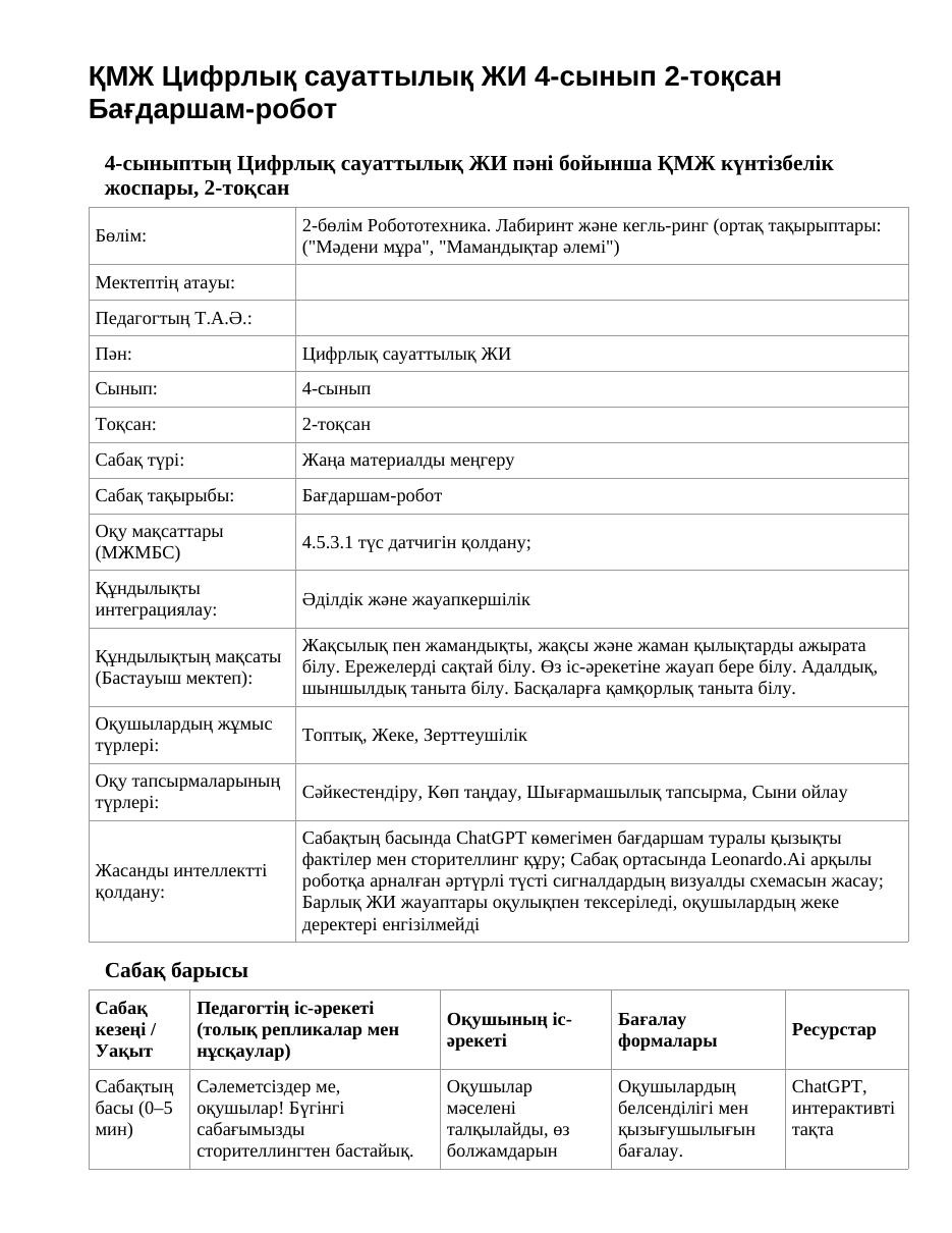 ҚМЖ Цифрлық сауаттылық ЖИ 4-сынып 2-тоқсан Бағдаршам-робот