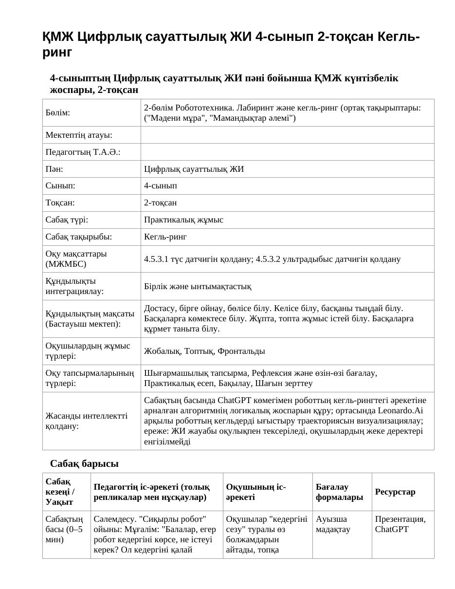 ҚМЖ Цифрлық сауаттылық ЖИ 4-сынып 2-тоқсан Кегль-ринг
