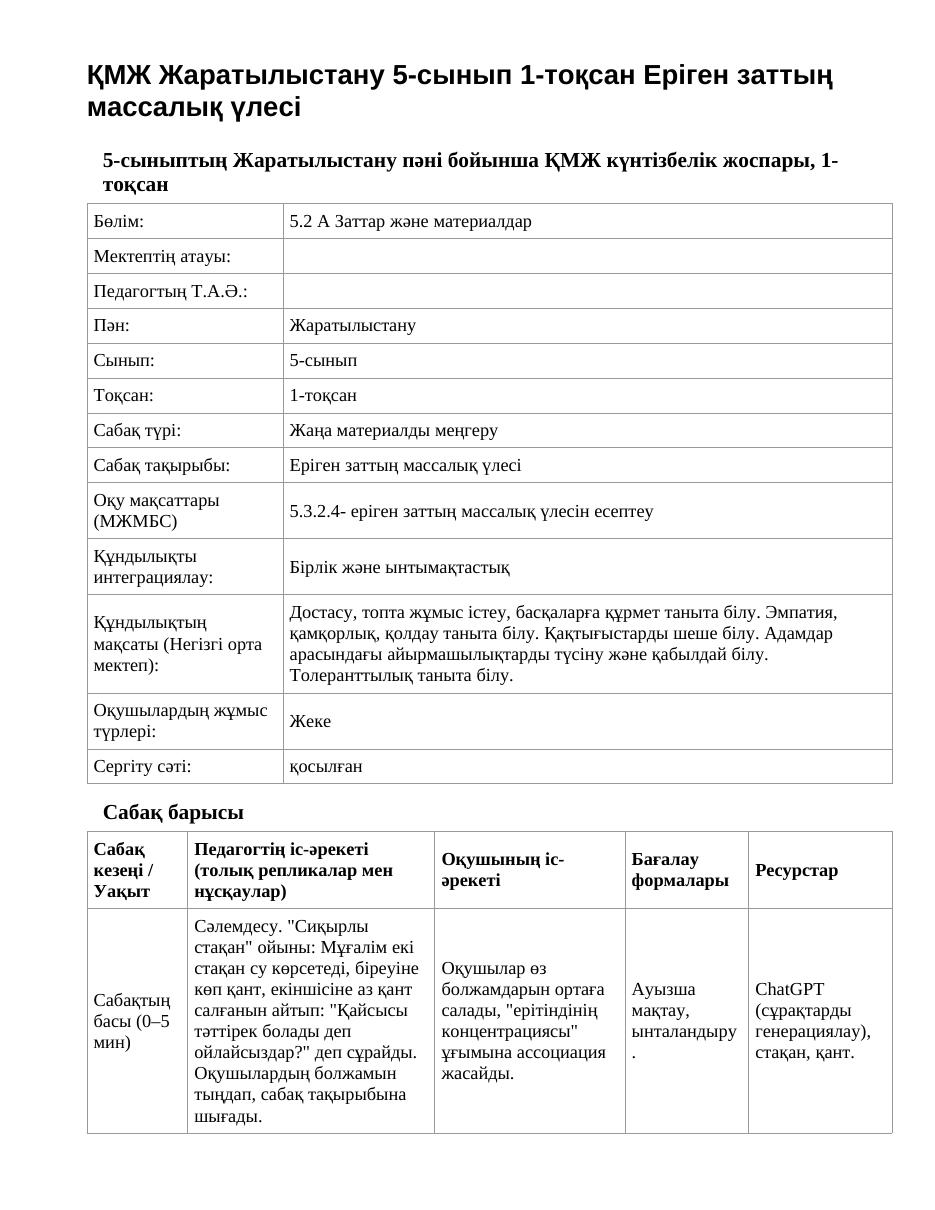 ҚМЖ Жаратылыстану 5-сынып 1-тоқсан Еріген заттың массалық үлесі