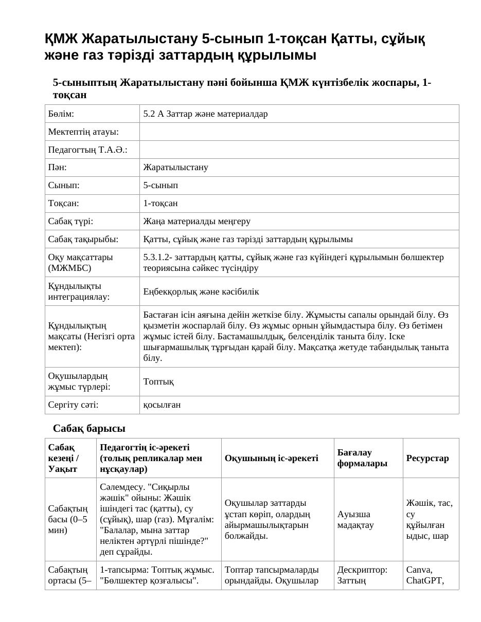 ҚМЖ Жаратылыстану 5-сынып 1-тоқсан Қатты, сұйық және газ тәрізді заттардың құрылымы