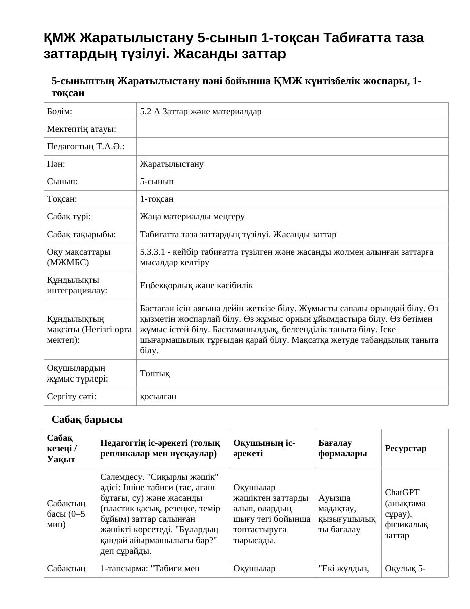 ҚМЖ Жаратылыстану 5-сынып 1-тоқсан Табиғатта таза заттардың түзілуі. Жасанды заттар