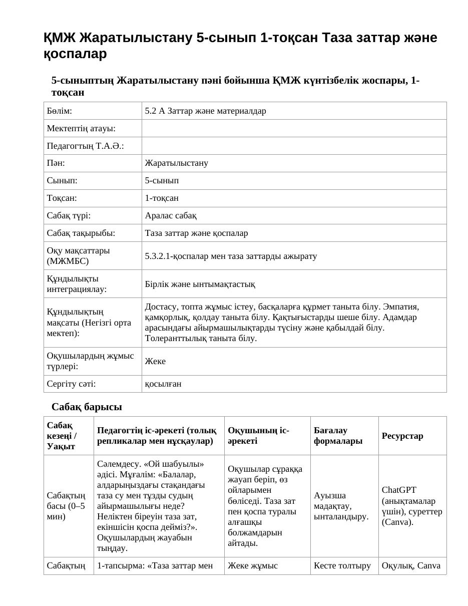 ҚМЖ Жаратылыстану 5-сынып 1-тоқсан Таза заттар және қоспалар