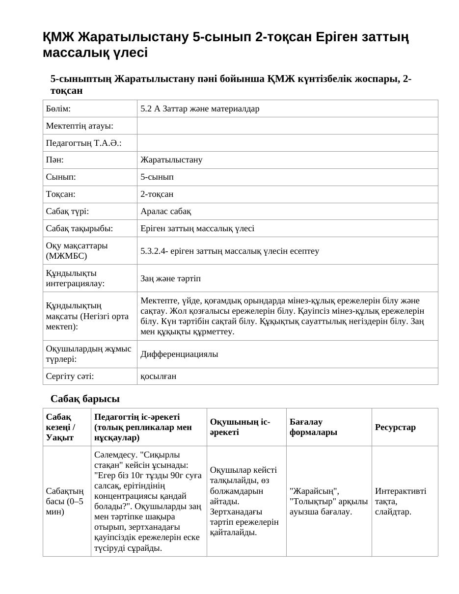 ҚМЖ Жаратылыстану 5-сынып 2-тоқсан Еріген заттың массалық үлесі