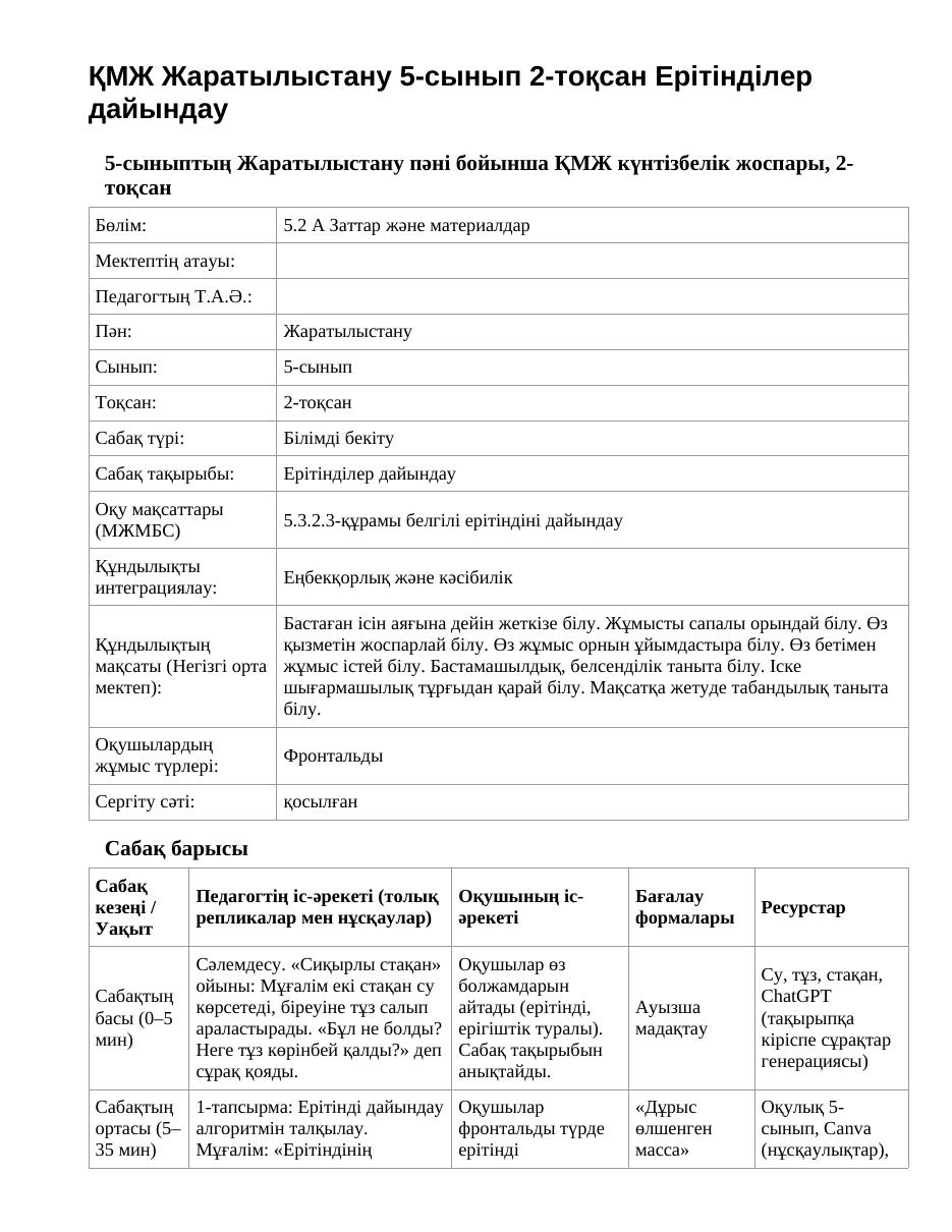 ҚМЖ Жаратылыстану 5-сынып 2-тоқсан Ерітінділер дайындау