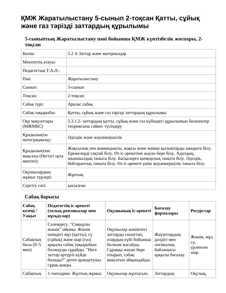 ҚМЖ Жаратылыстану 5-сынып 2-тоқсан Қатты, сұйық және газ тәрізді заттардың құрылымы