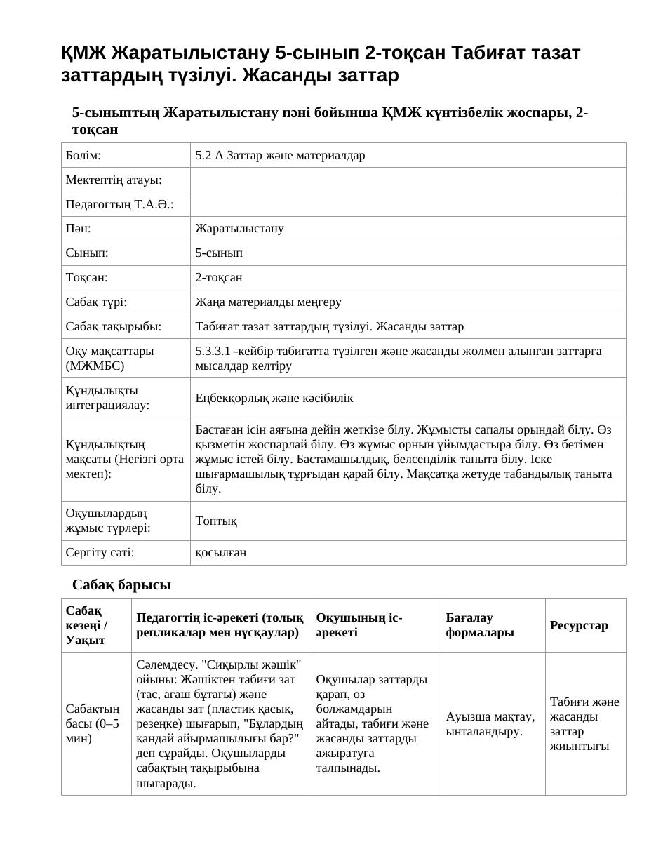ҚМЖ Жаратылыстану 5-сынып 2-тоқсан Табиғат тазат заттардың түзілуі. Жасанды заттар