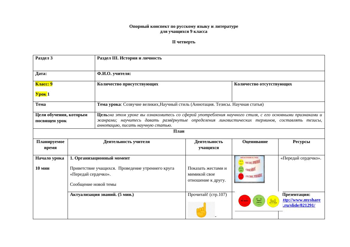 КСП 9 кл 2 чет: Опорный конспект по русскому языку и литературе