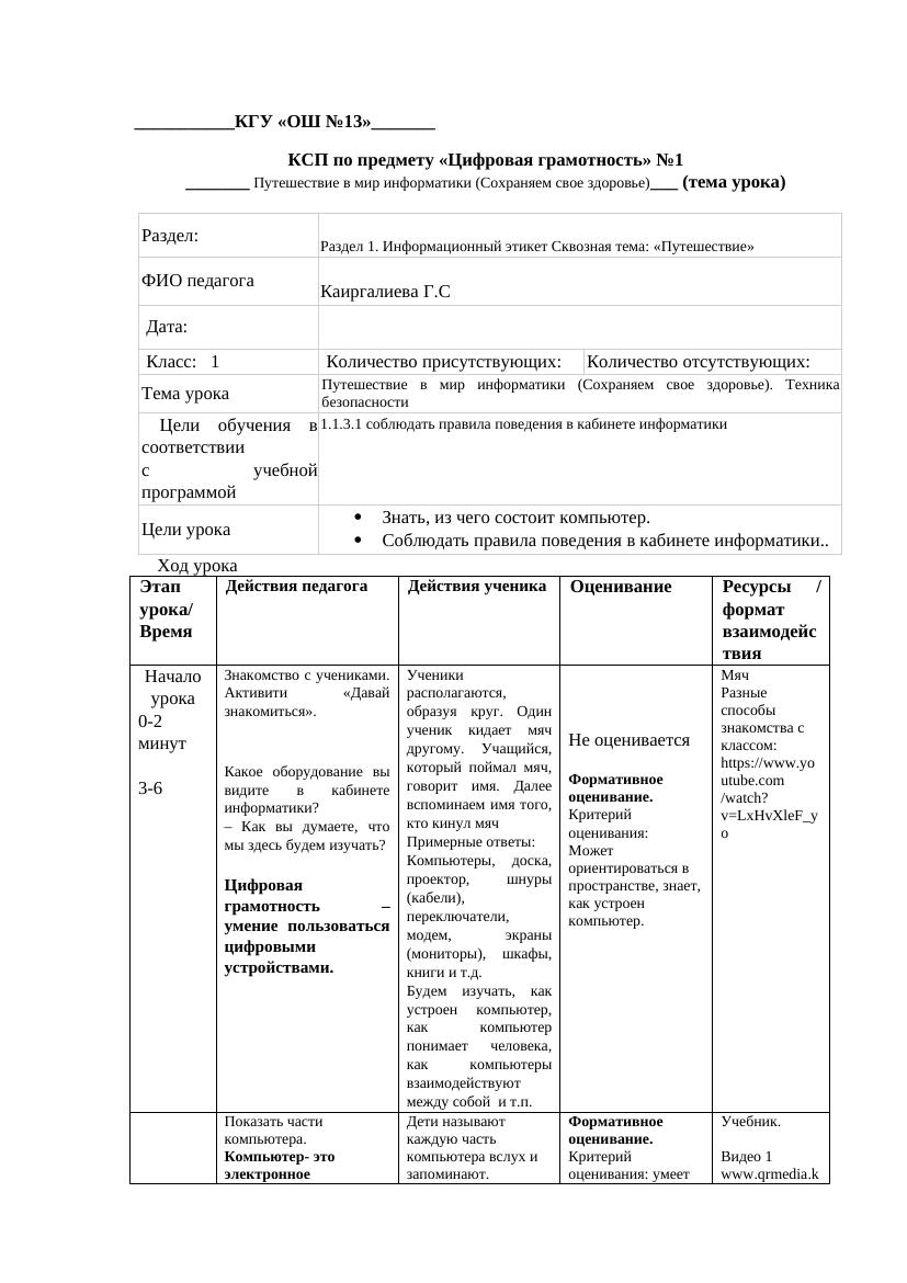 КСП ЦГ 1 кл 2022