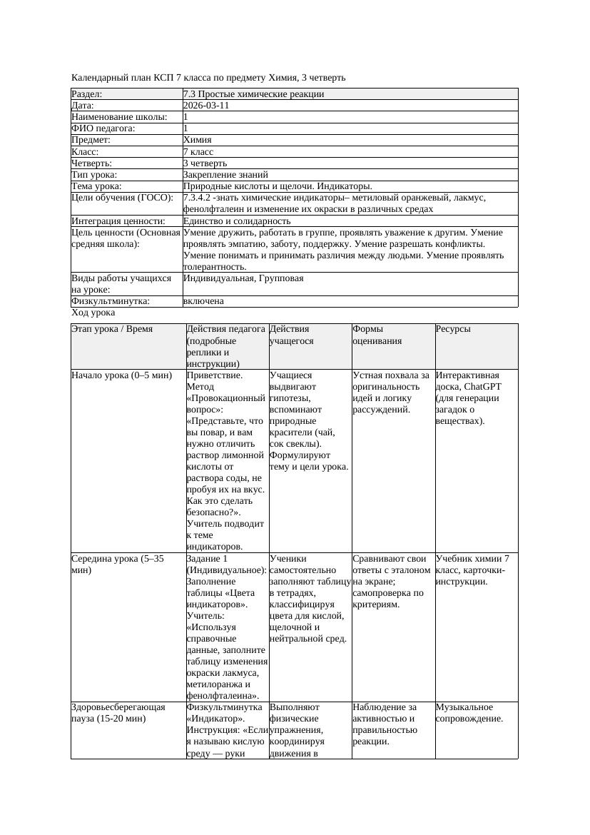КСП1 Химия 7класс 3 четверть Природные кислоты и щелочи Индикаторы