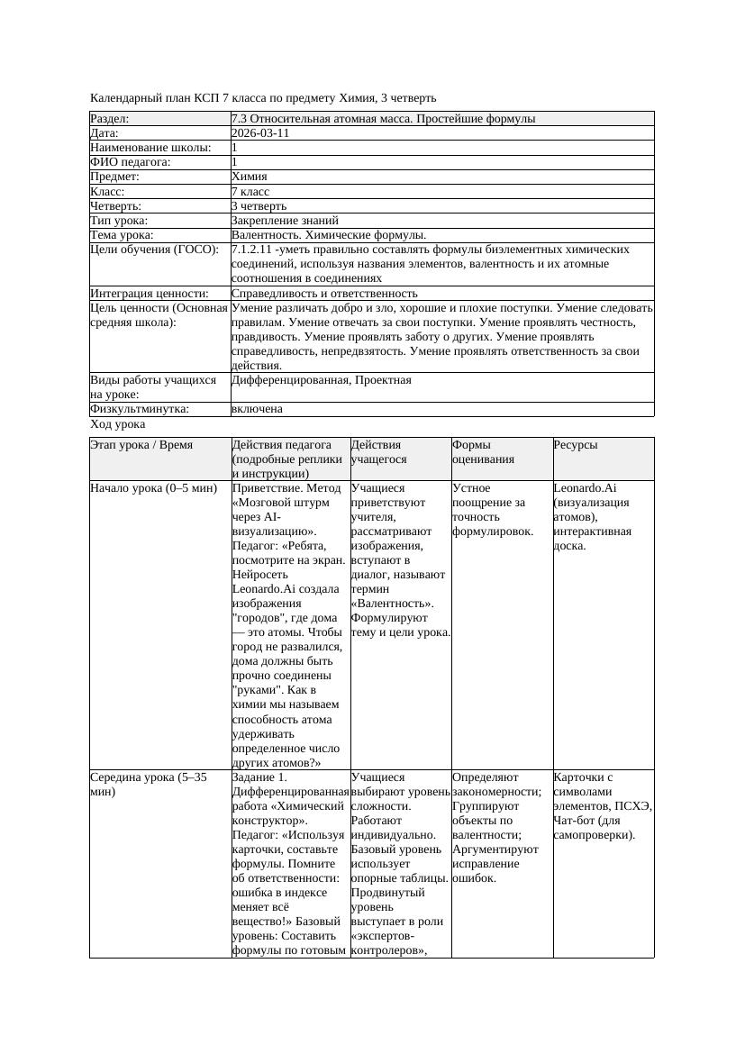 КСП1 Химия 7класс 3 четверть Валентность Химические формулы 20260311