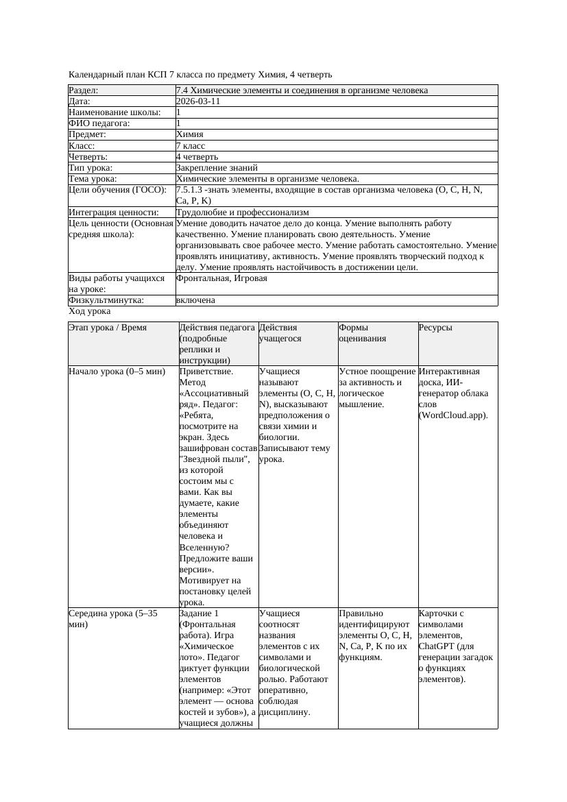 КСП1 Химия 7класс 4 четверть Химические элементы в организме человека