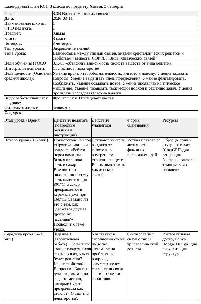 КСП1 Химия 8класс 3 четверть Взаимосвязь между типами связей видами