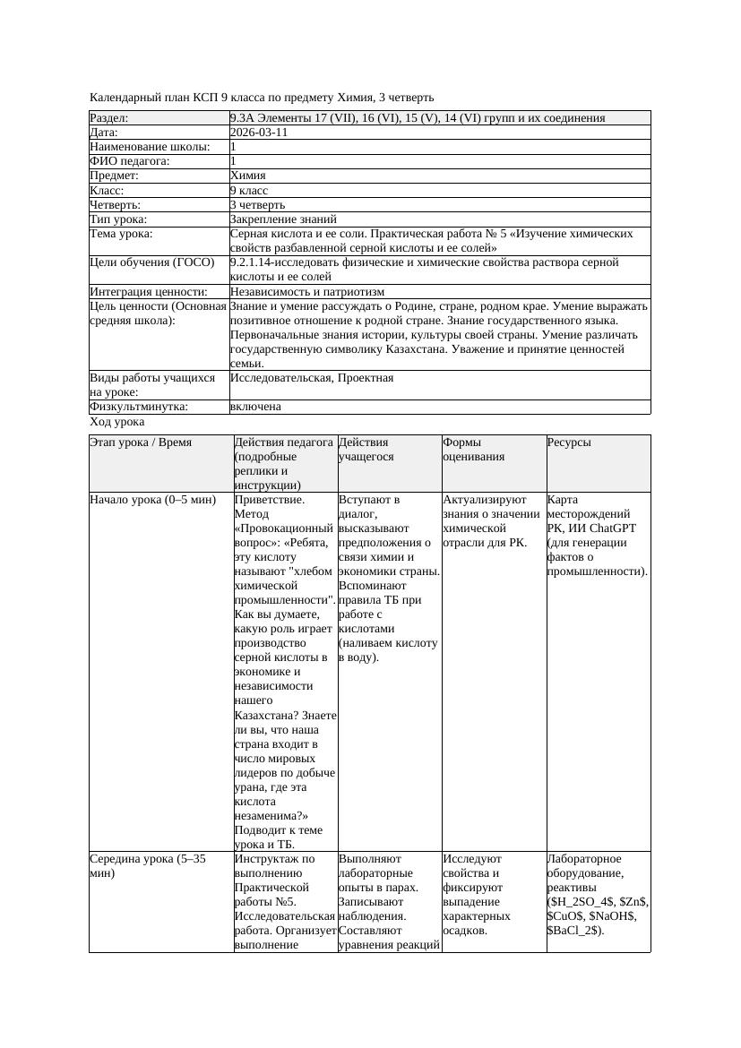 КСП1 Химия 9класс 3 четверть Серная кислота и ее соли Практическая