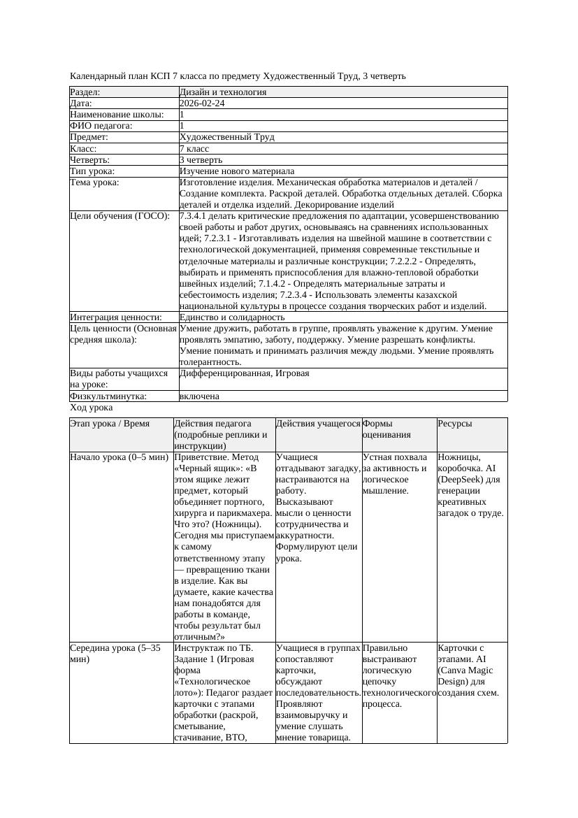 КСП1 Художественный Труд 7класс 3 четверть Изготовление изделия