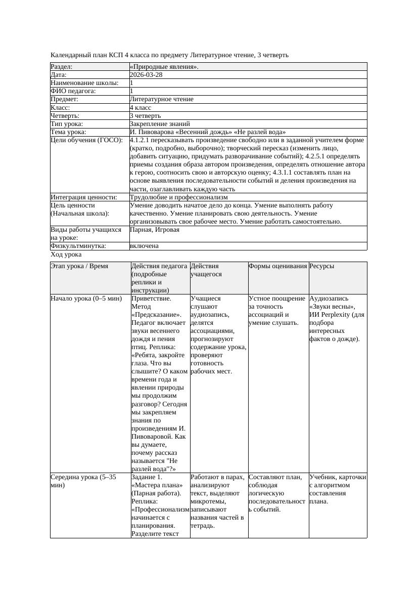КСП1 Литературное чтение 4класс 3 четверть И Пивоварова Весенний