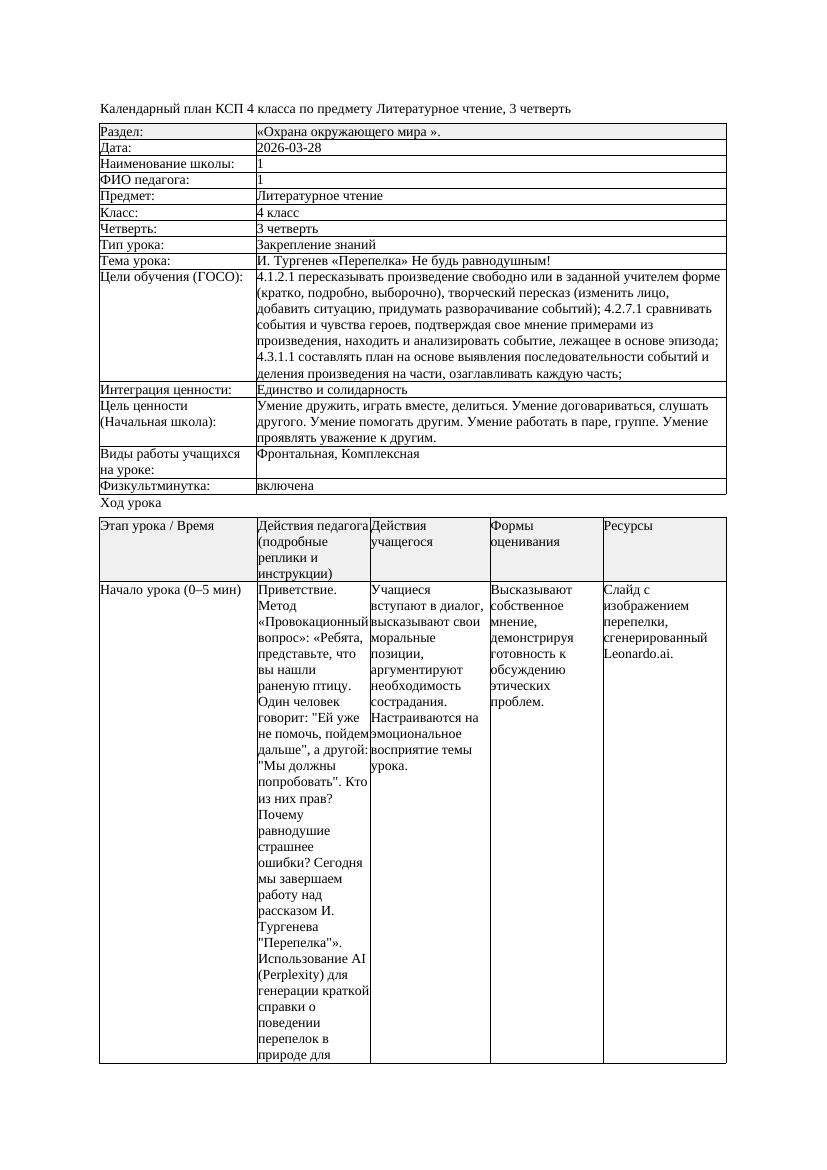 КСП1 Литературное чтение 4класс 3 четверть И Тургенев Перепелка