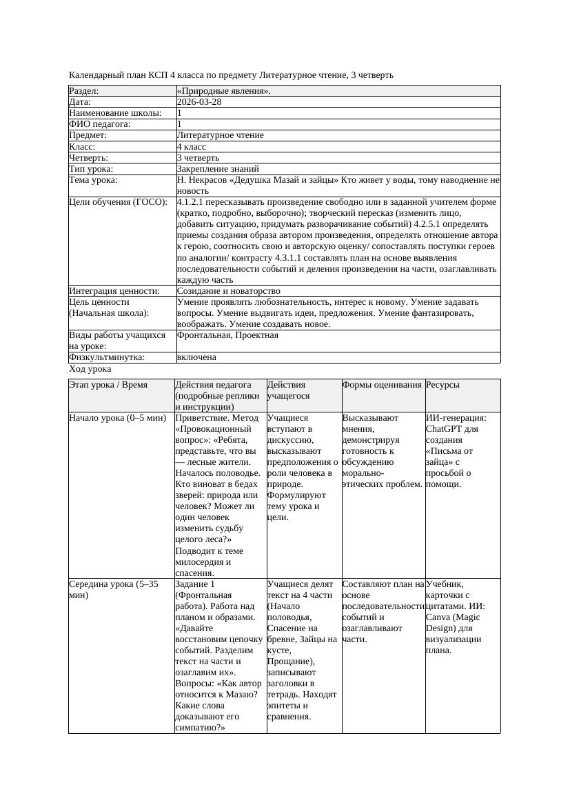 КСП1 Литературное чтение 4класс 3 четверть Н Некрасов Дедушка Мазай