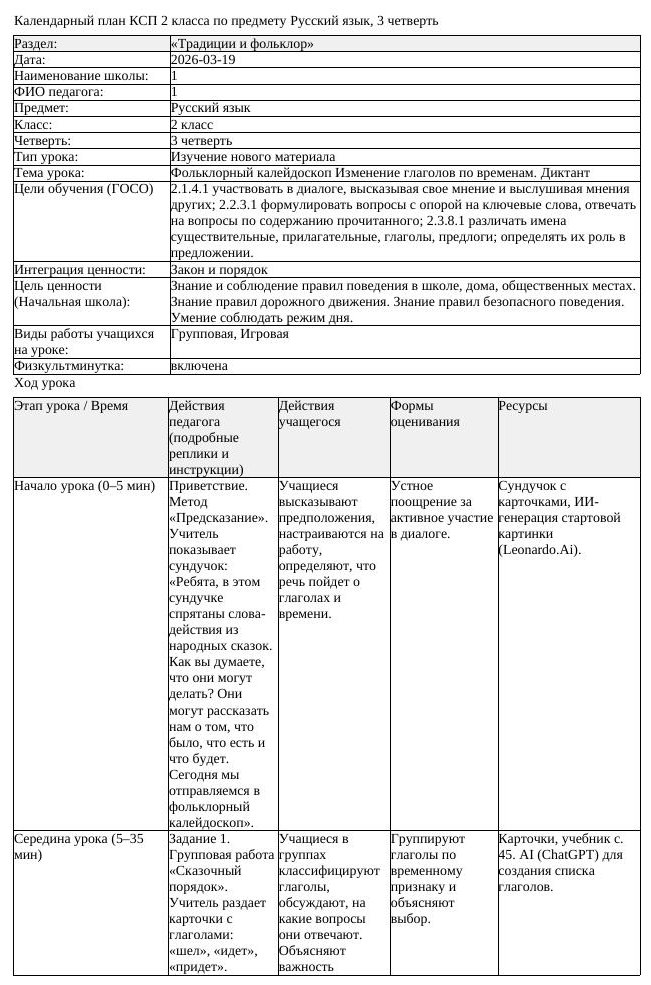 КСП1 Русский язык 2класс 3 четверть Фольклорный калейдоскоп Изменение