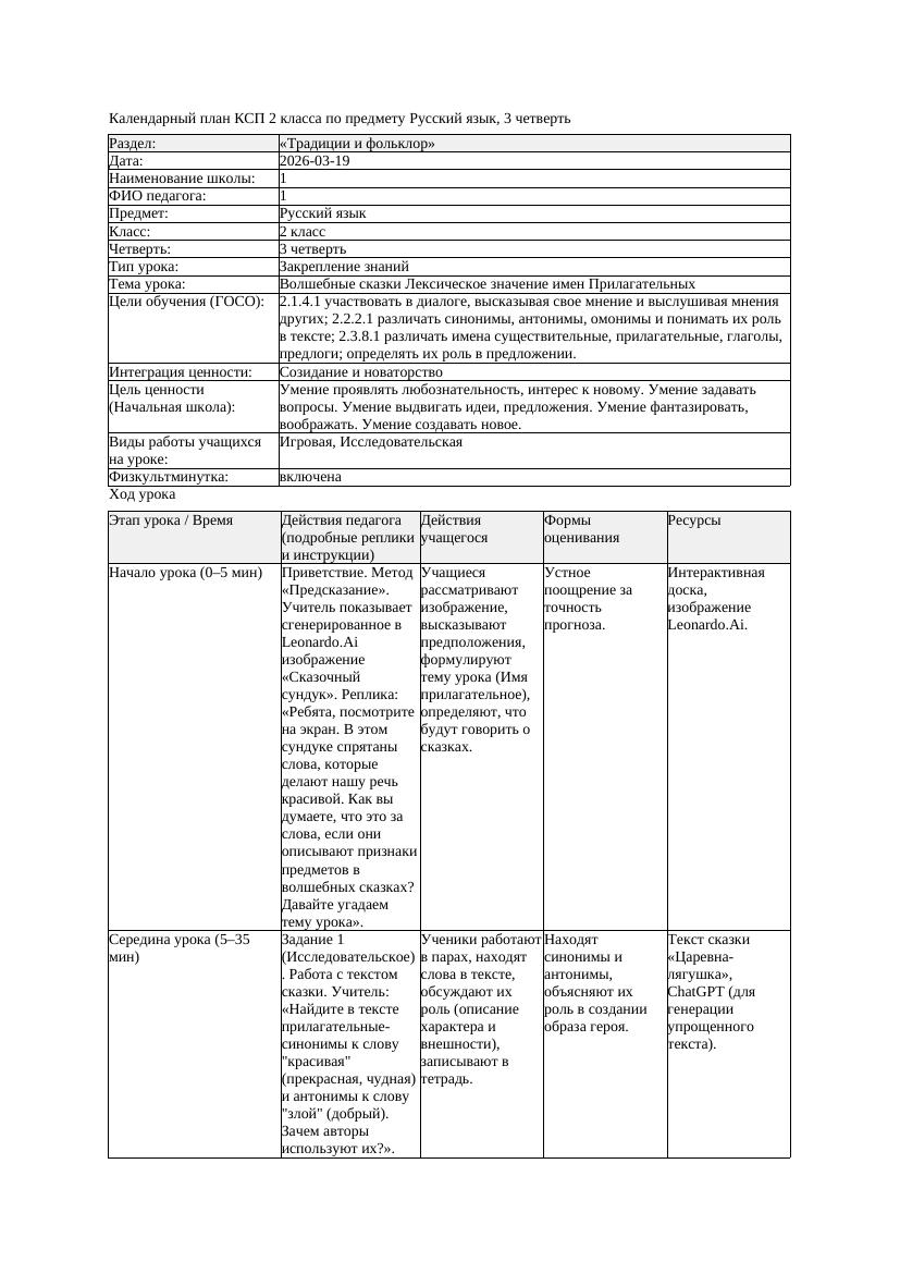 КСП1 Русский язык 2класс 3 четверть Волшебные сказки Лексическое