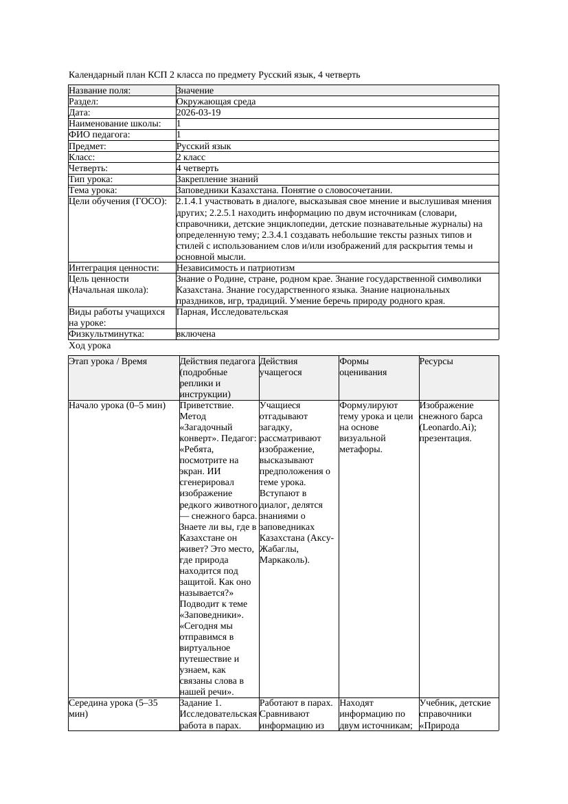 КСП1 Русский язык 2класс 4 четверть Заповедники Казахстана Понятие