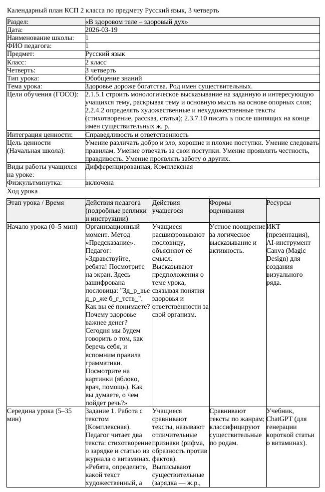 КСП2 Русский язык 2класс 3 четверть Здоровье дороже богатства Род