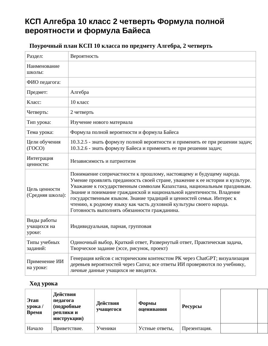КСП Алгебра 10 класс 2 четверть Формула полной вероятности и формула Байеса