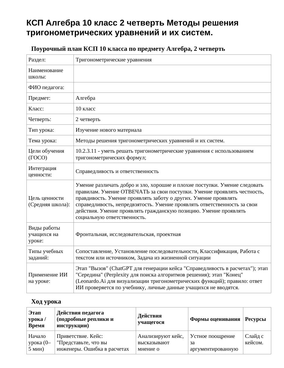 КСП Алгебра 10 класс 2 четверть Методы решения тригонометрических уравнений и их систем.