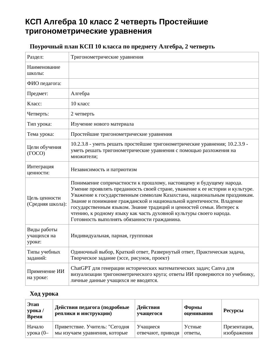 КСП Алгебра 10 класс 2 четверть Простейшие тригонометрические уравнения