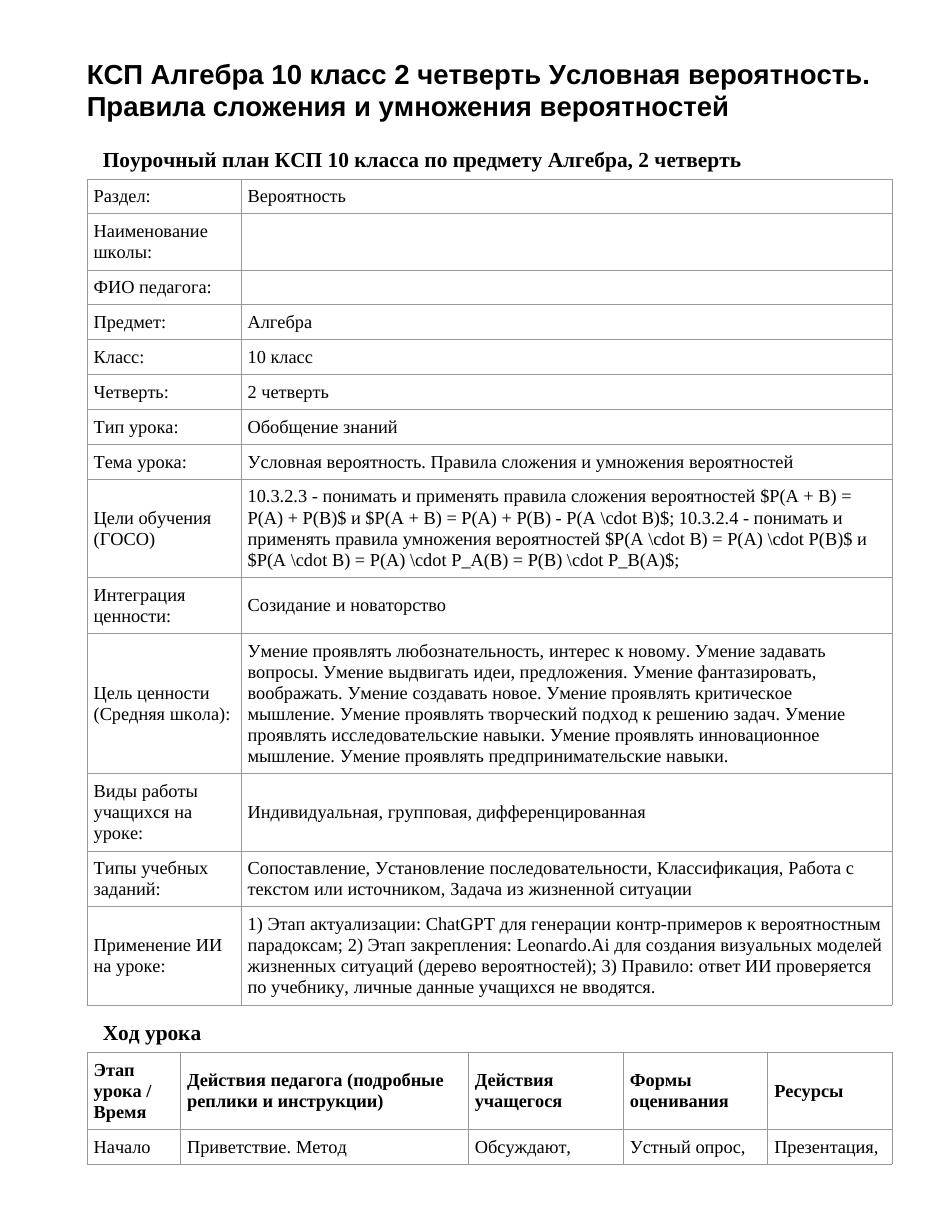 КСП Алгебра 10 класс 2 четверть Условная вероятность. Правила сложения и умножения вероятностей