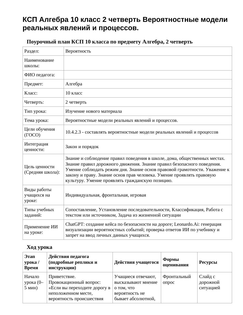 КСП Алгебра 10 класс 2 четверть Вероятностные модели реальных явлений и процессов.