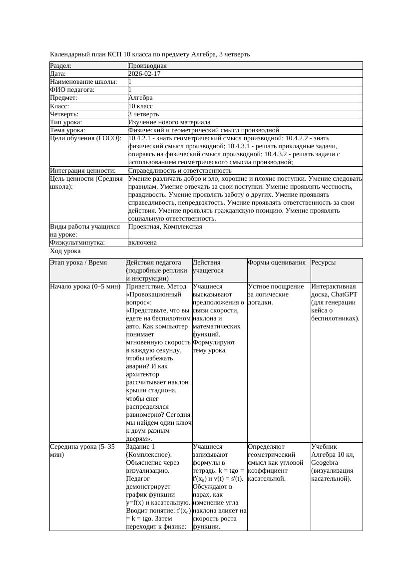 КСП Алгебра 10класс 3 четверть Физический и геометрический смысл