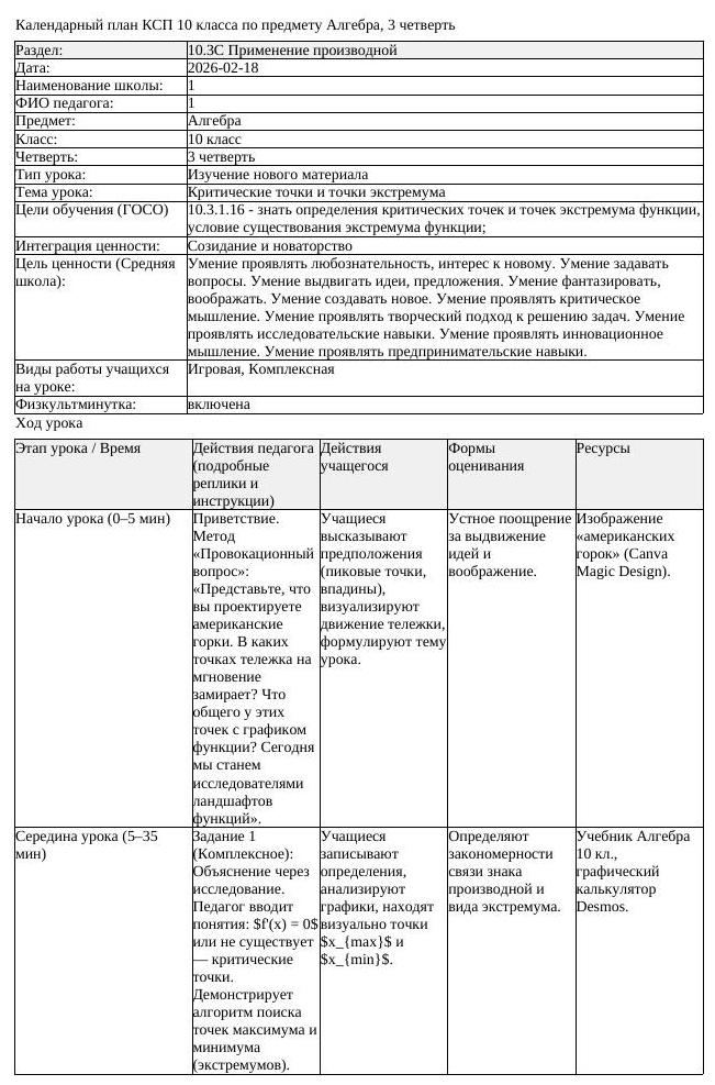 КСП Алгебра 10 класс 3 четверть Критические точки и точки экстремума (урок 3)