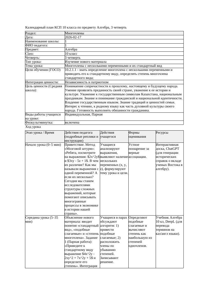 КСП Алгебра 10класс 3 четверть Многочлены с несколькими переменными