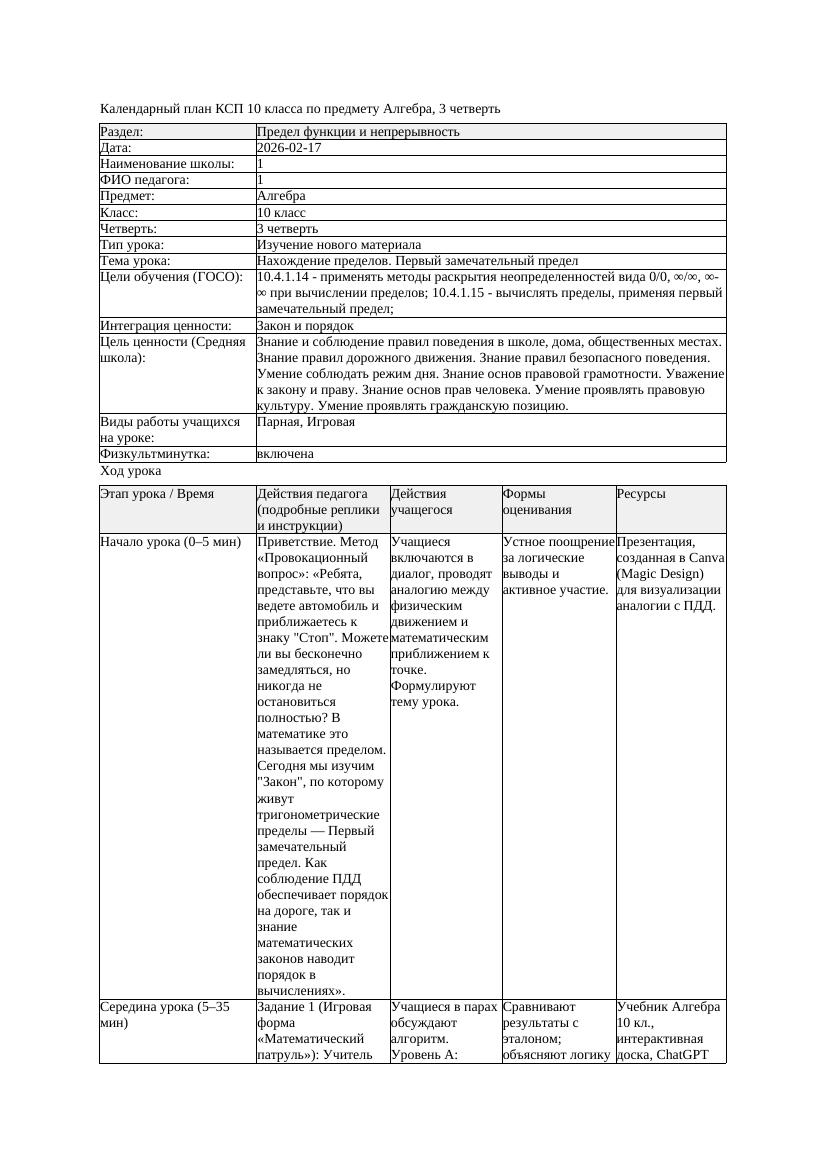 КСП Алгебра 10класс 3 четверть Нахождение пределов Первый замечательный