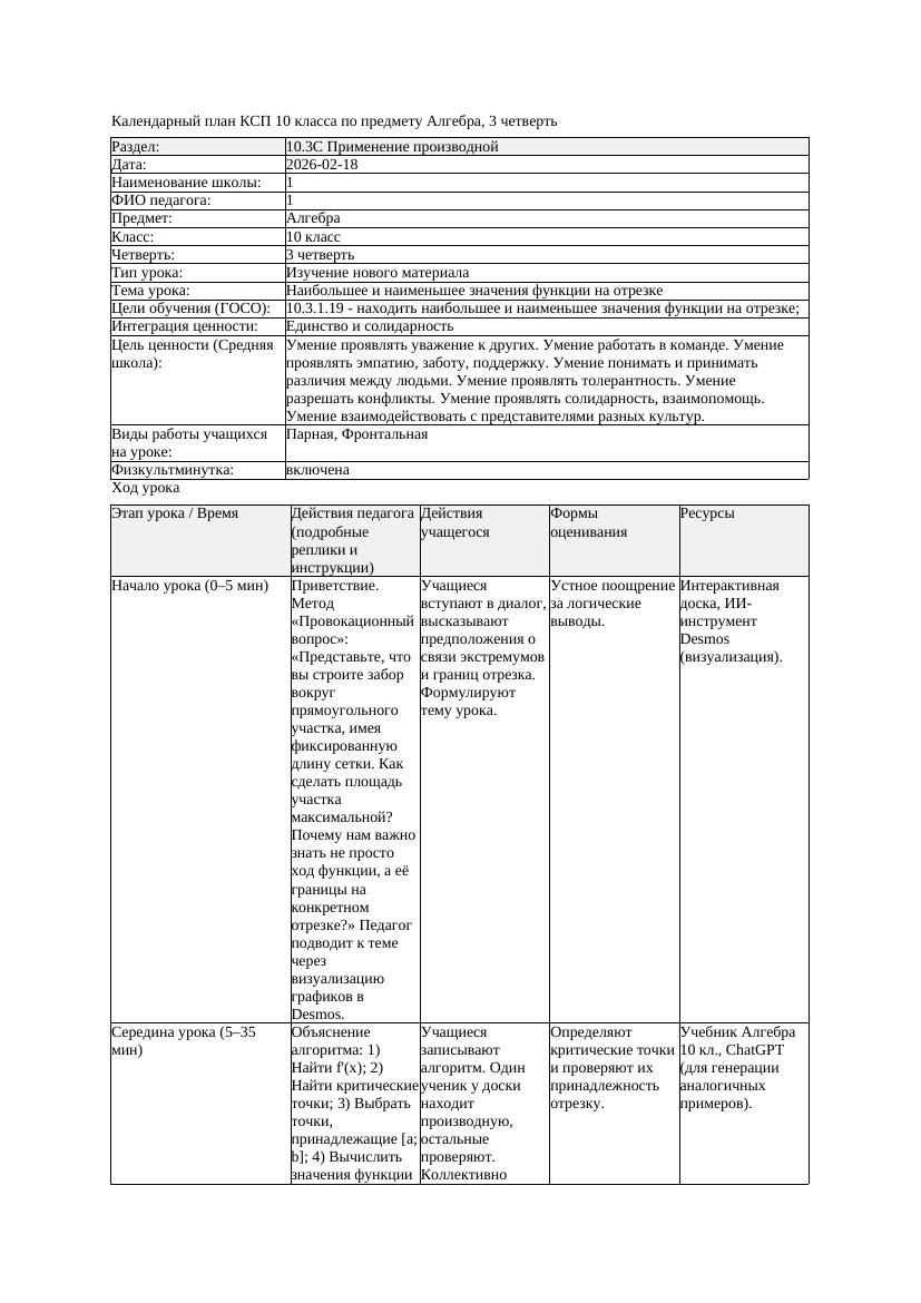 КСП Алгебра 10класс 3 четверть Наибольшее и наименьшее значения
