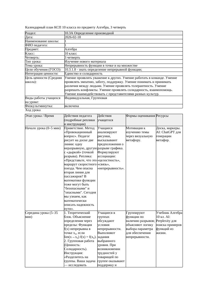 КСП Алгебра 10класс 3 четверть Непрерывность функции в точке и на