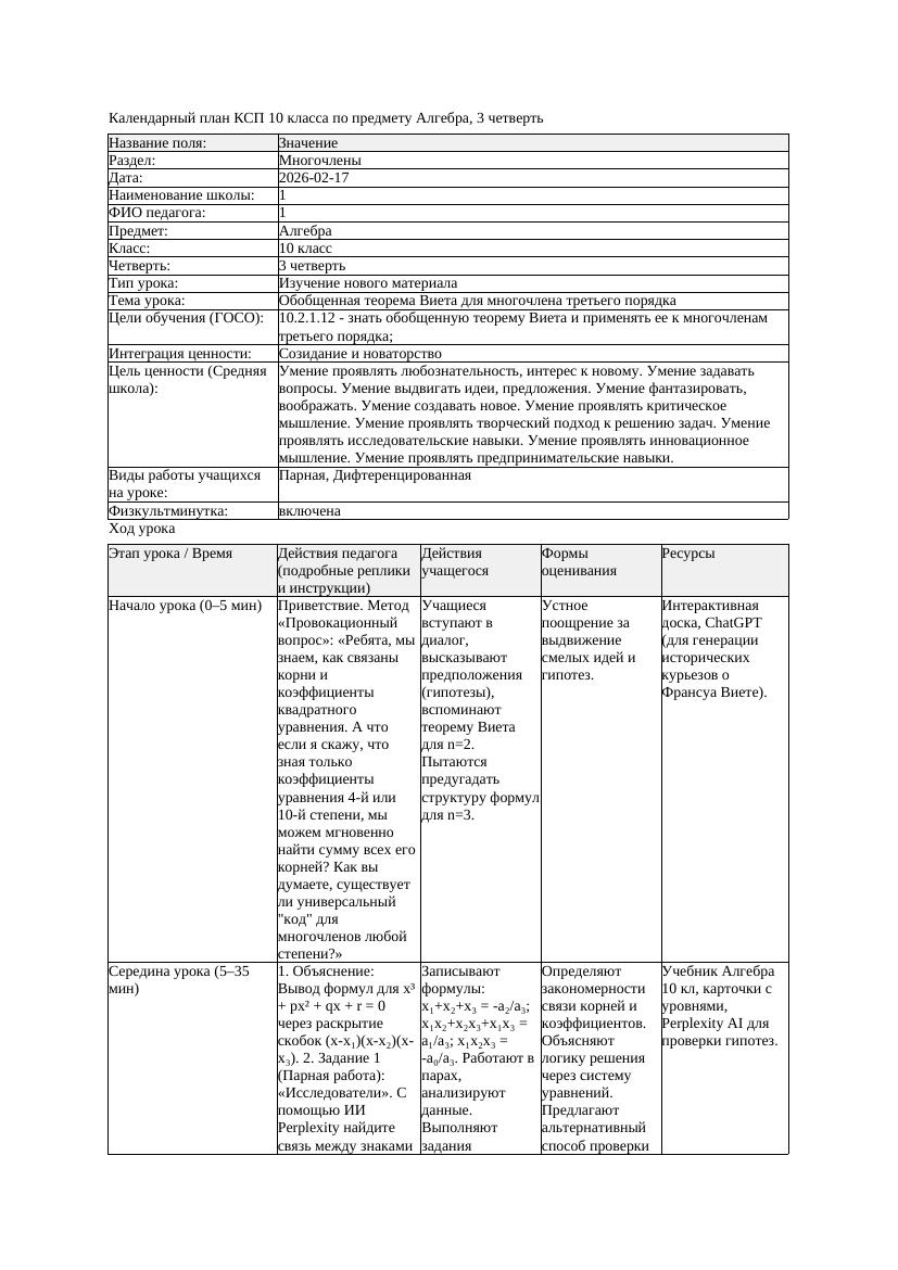 КСП Алгебра 10класс 3 четверть Обобщенная теорема Виета для многочлена