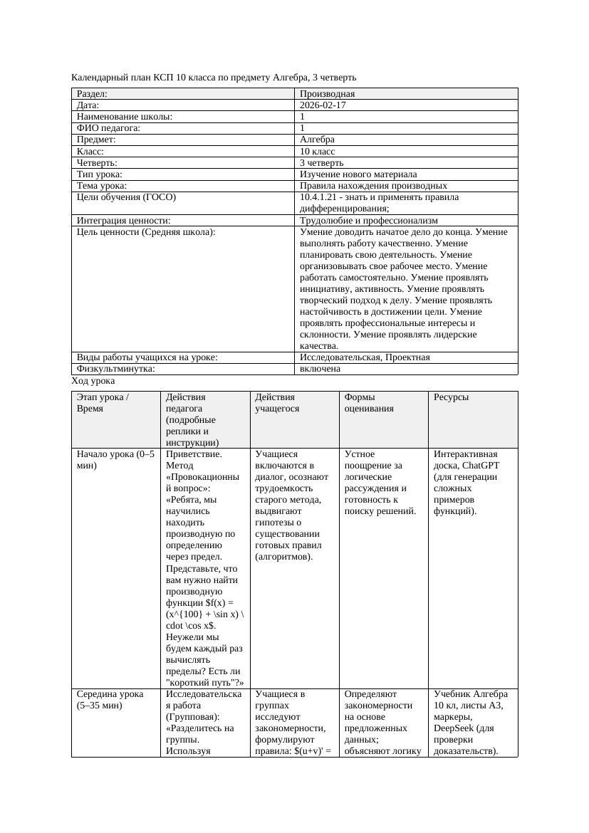 КСП Алгебра 10класс 3 четверть Правила нахождения производных 20260217