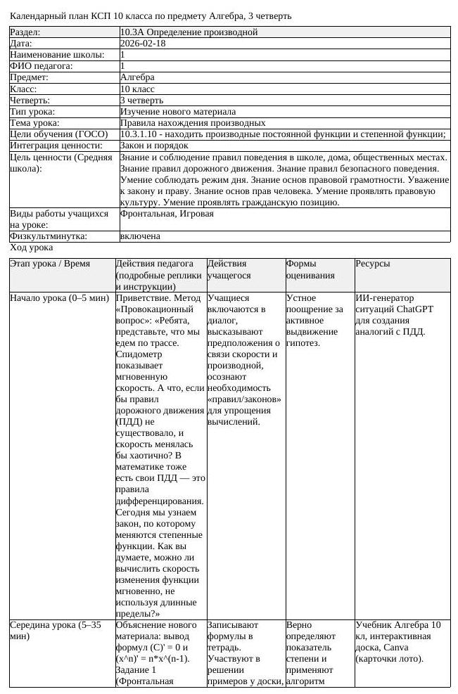 КСП Алгебра 10 класс 3 четверть Правила нахождения производных (урок 3)